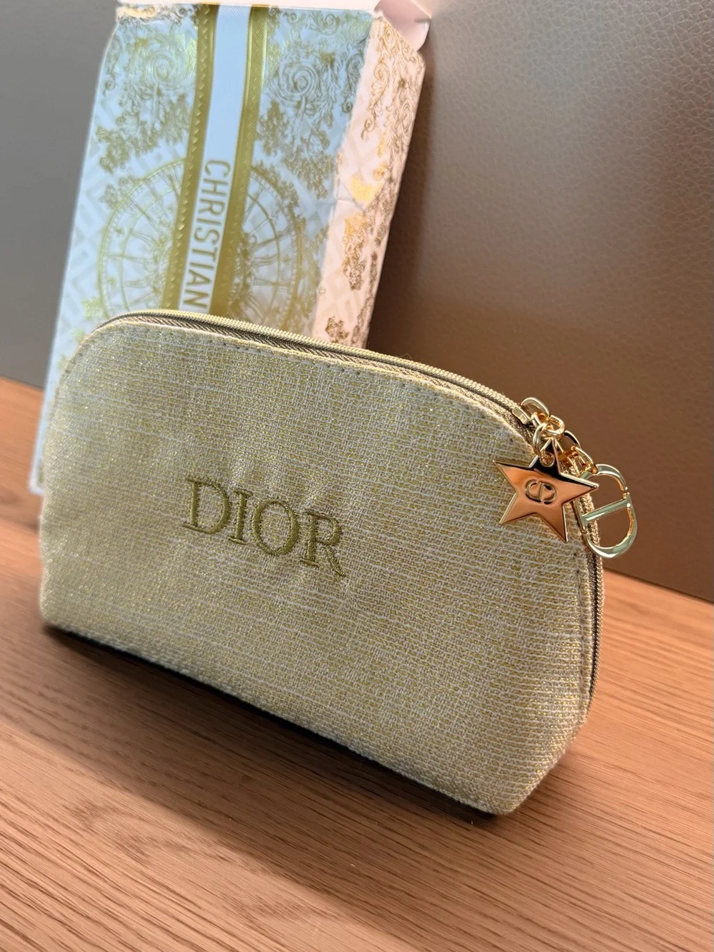 Dior 2024 Holiday Gift Gold Logo Pouch With Gold Star Charm